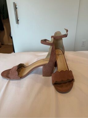 Mauve Scalloped Suede Ankle Strap Block Heels
